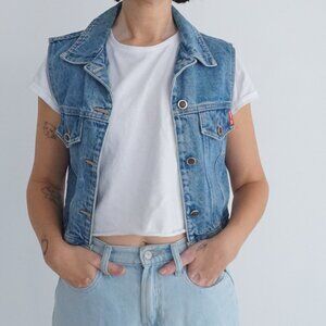 Vintage Newtime Blue Denim Button Cropped Vest Jacket Western Fitted Truck S